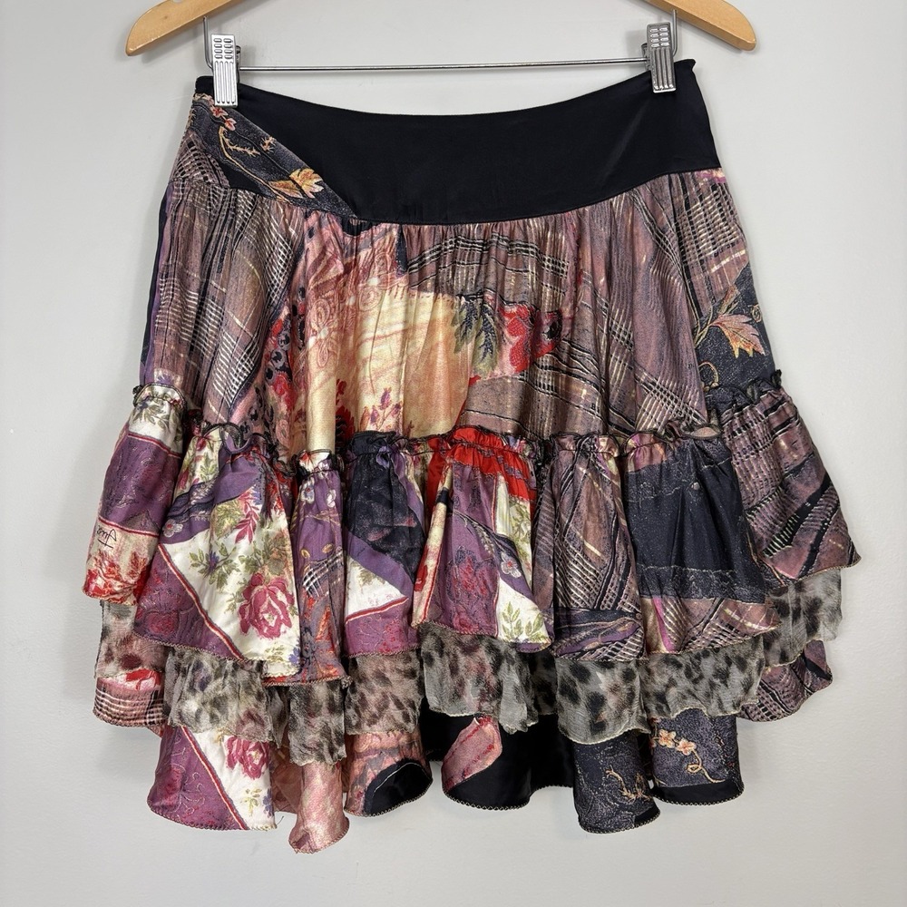Vtg Roberto Cavalli Just Cavalli Silk Tiered Mini Skirt Sz 38 Patchwork Floral